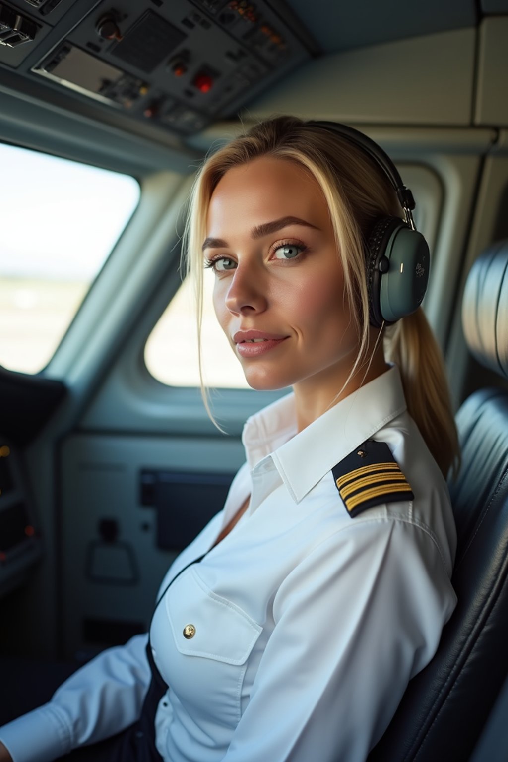 woman as a Airline Pilot inside the Cockpit with white shirt Pilot Uniform