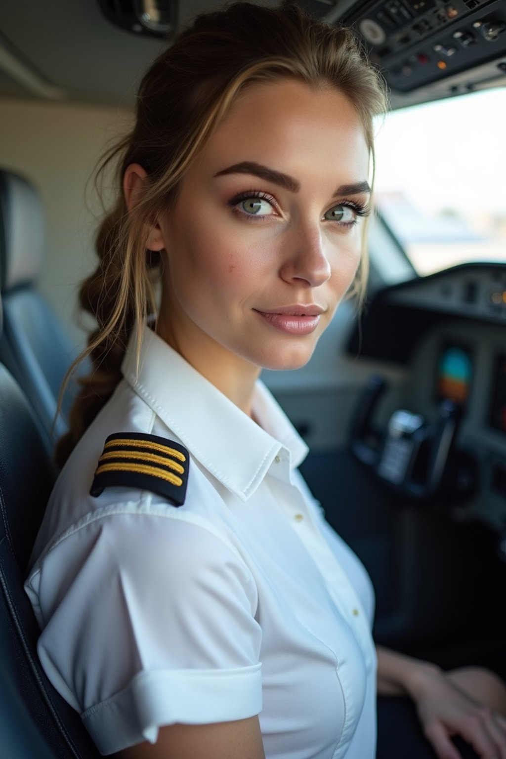 woman as a Airline Pilot inside the Cockpit with white shirt Pilot Uniform