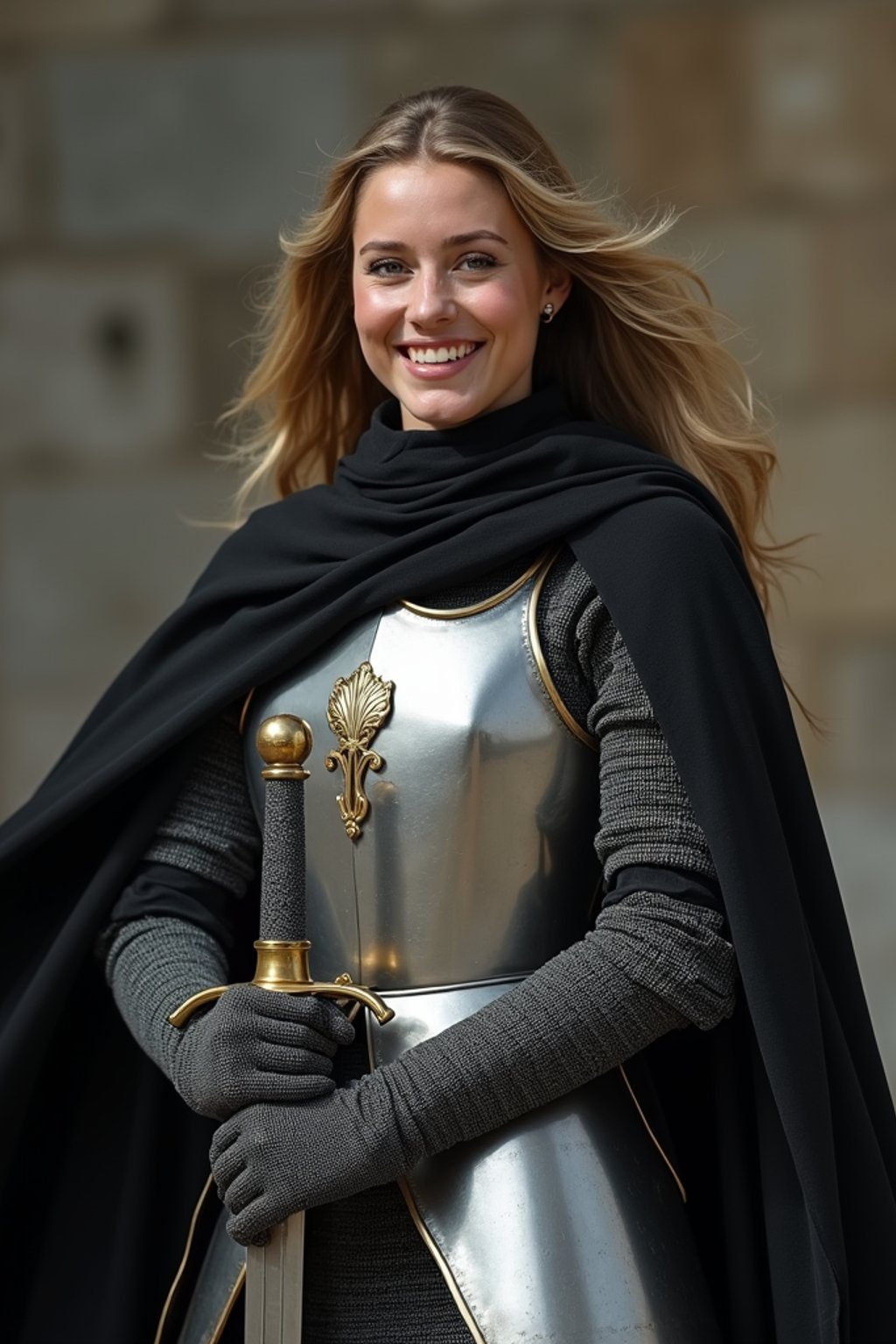 happy woman as a Medieval Knight in silver armor, wearing a black elegant cape flowing in the wind, the knight holds a sword in one hand