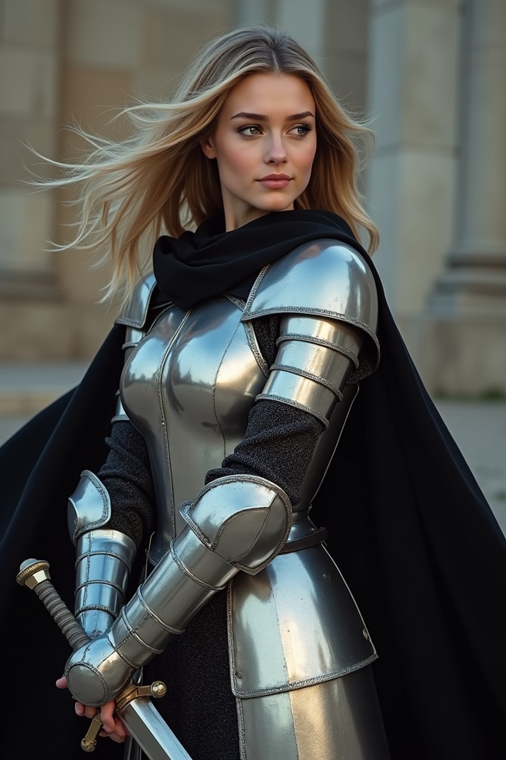 happy woman as a Medieval Knight in silver armor, wearing a black elegant cape flowing in the wind, the knight holds a sword in one hand