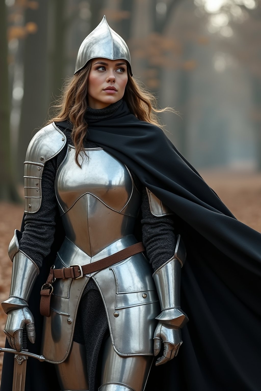 happy woman as a Medieval Knight in silver armor, wearing a black elegant cape flowing in the wind, the knight holds a sword in one hand