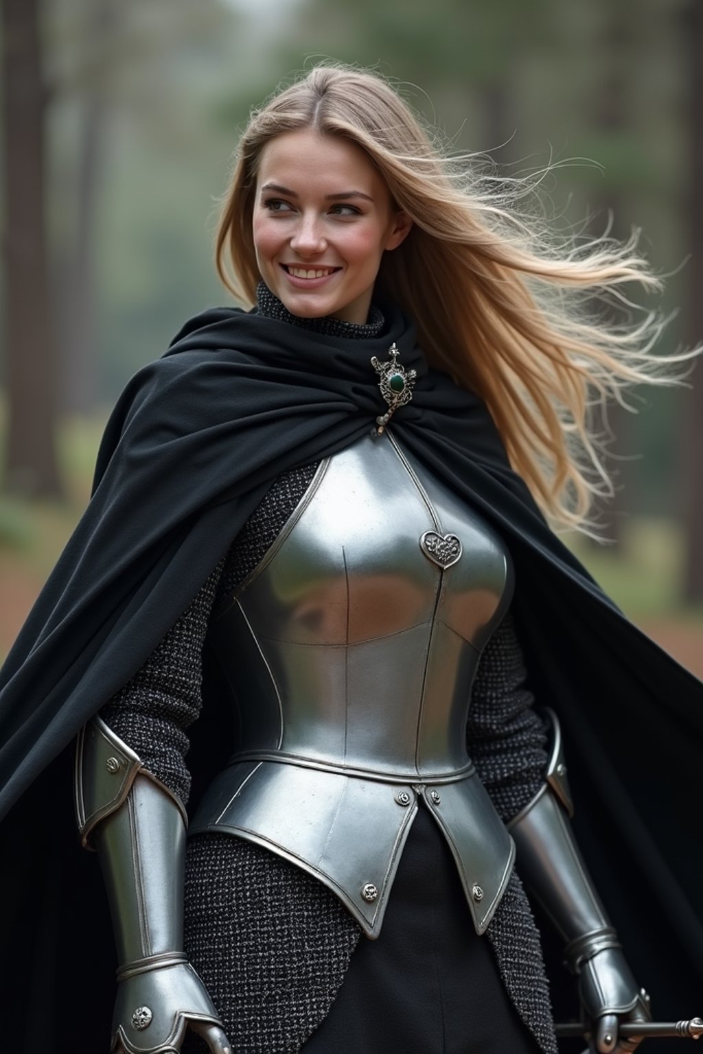 happy woman as a Medieval Knight in silver armor, wearing a black elegant cape flowing in the wind, the knight holds a sword in one hand