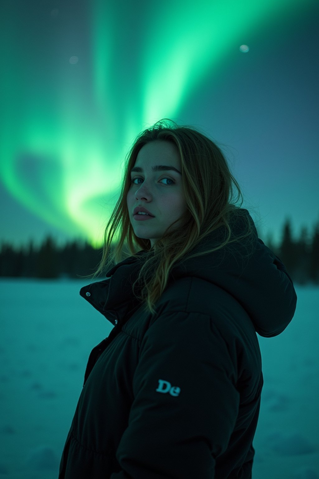 woman at night at the Northern Lights Aurora Borealis