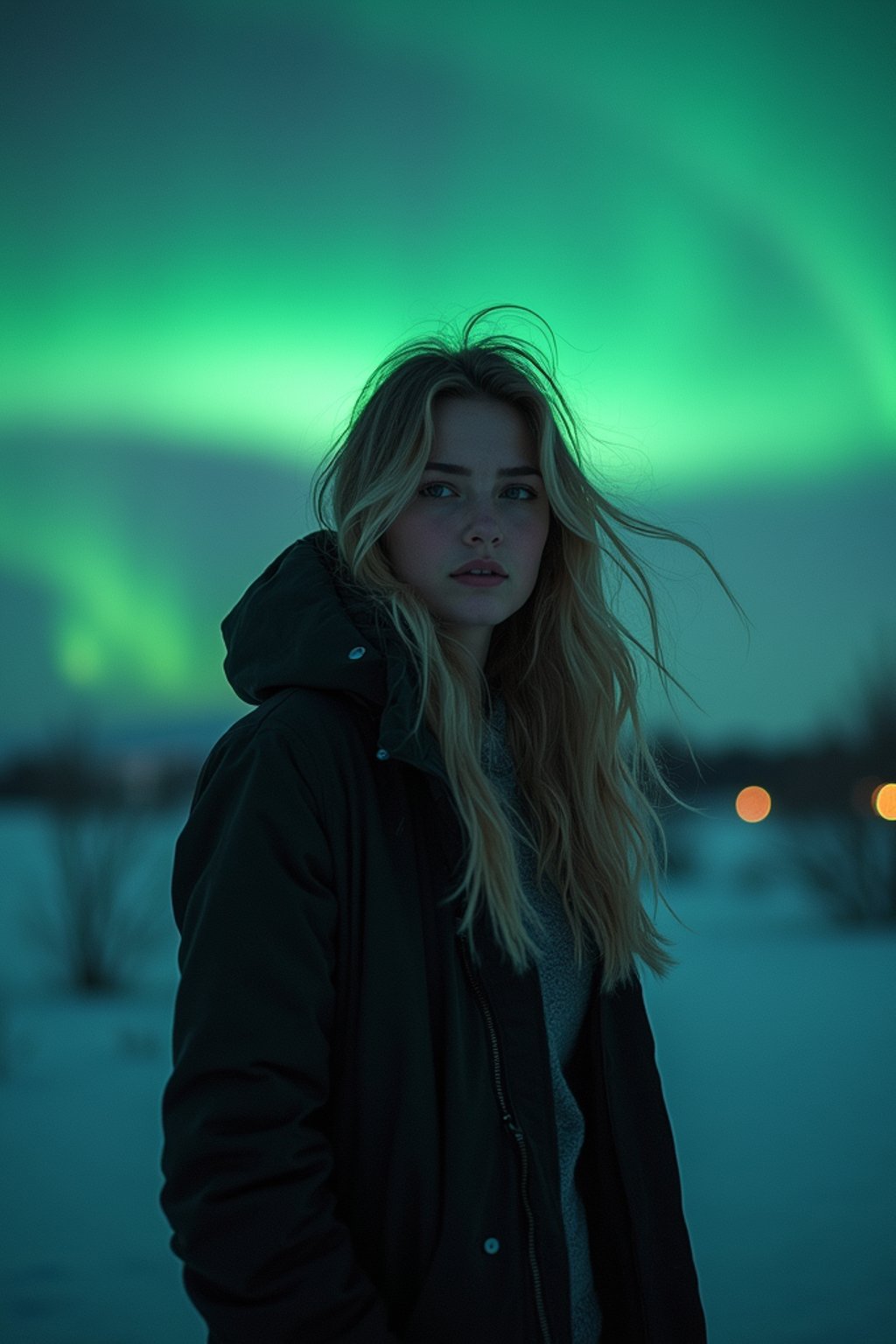 woman at night at the Northern Lights Aurora Borealis