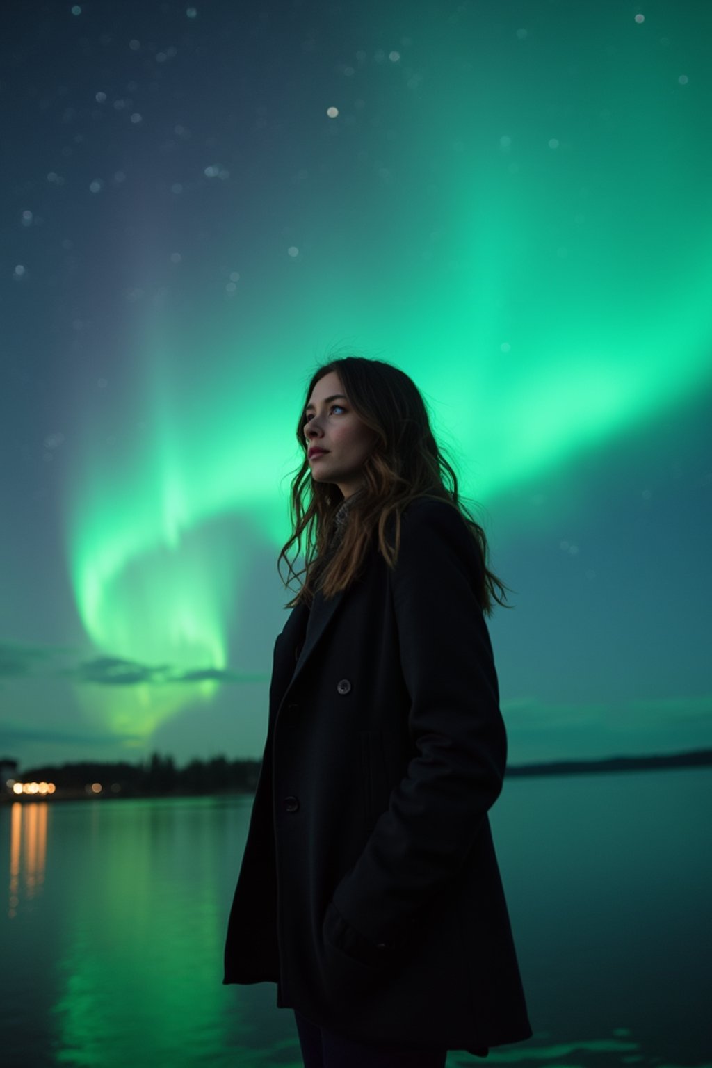 woman at night at the Northern Lights Aurora Borealis