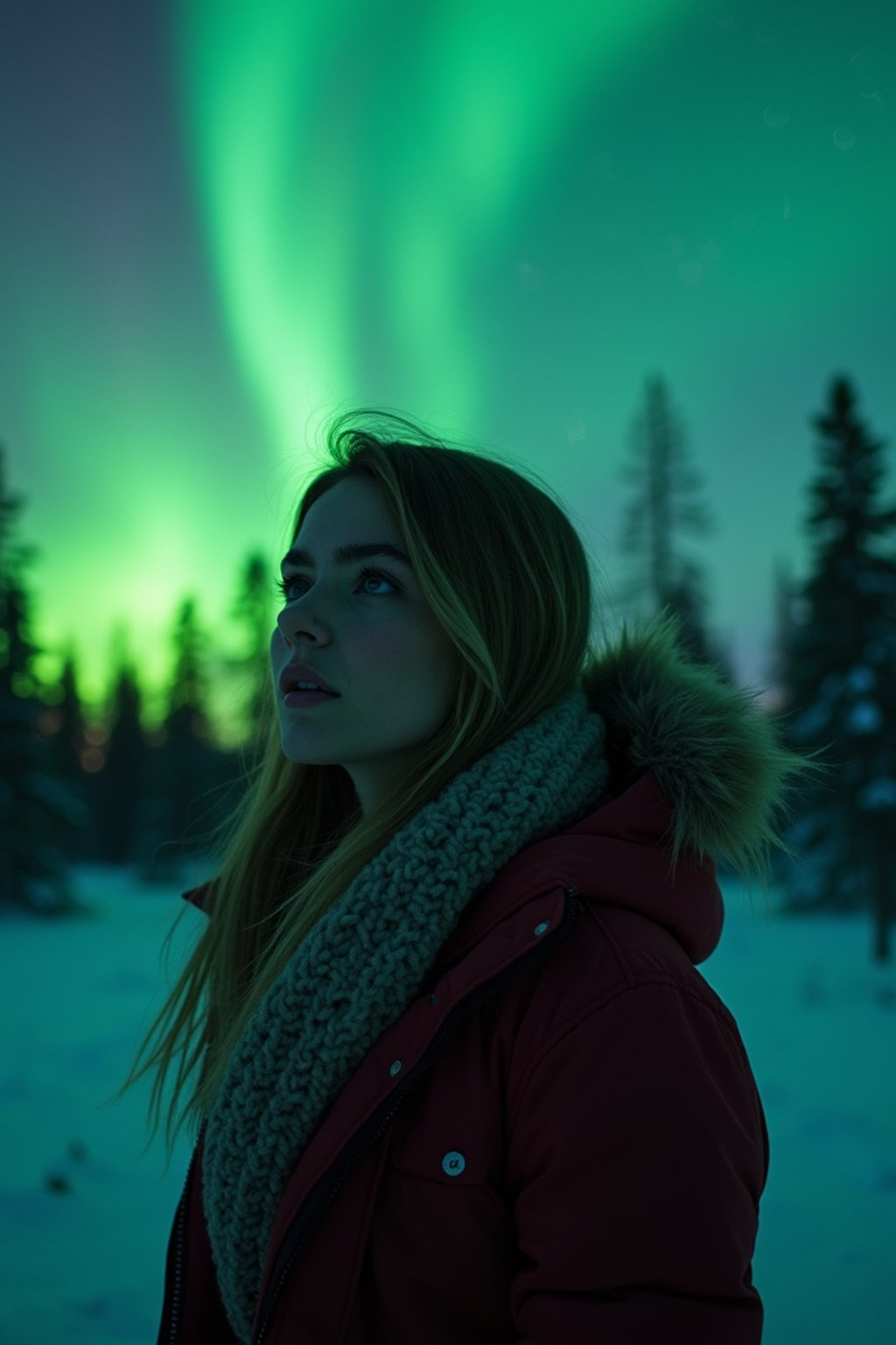 woman at night at the Northern Lights Aurora Borealis