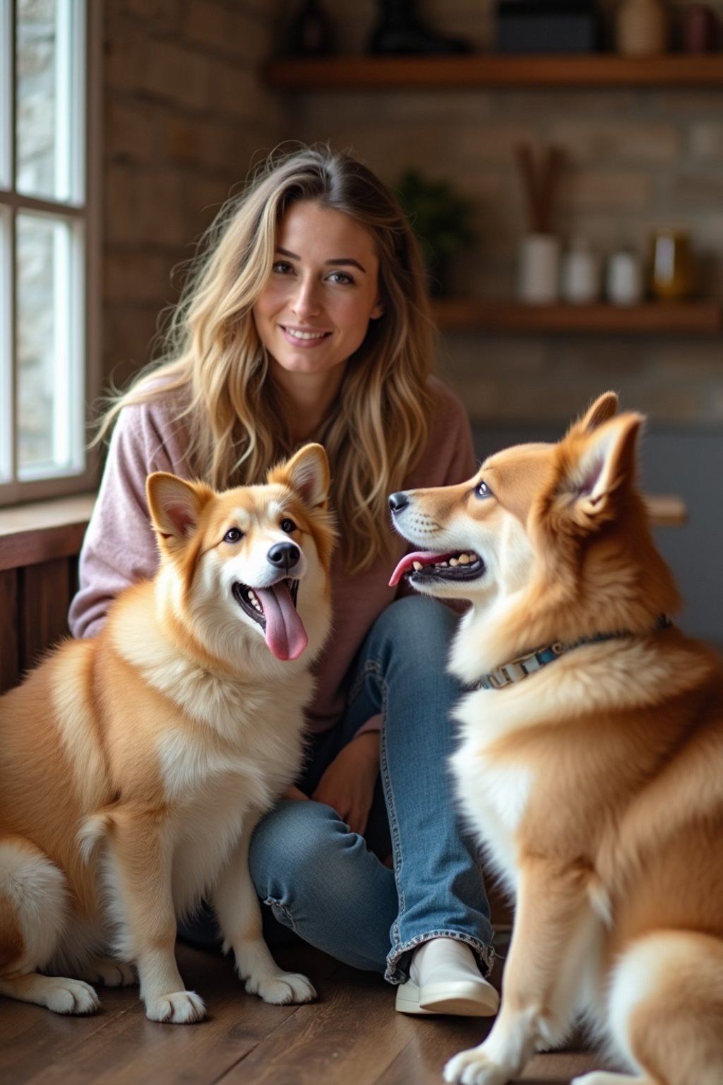 woman in a Dog Cafe with many cute Samoyed and Golden Retriever dogs