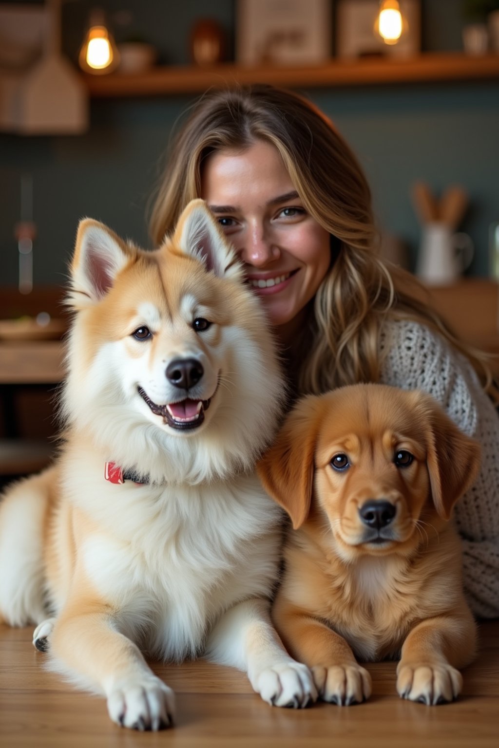 woman in a Dog Cafe with many cute Samoyed and Golden Retriever dogs