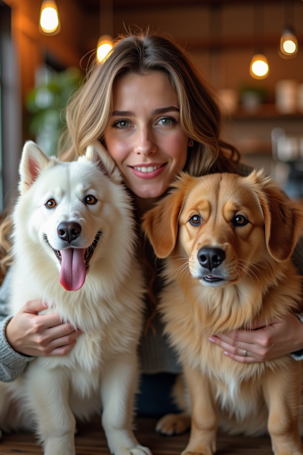 woman in a Dog Cafe with many cute Samoyed and Golden Retriever dogs