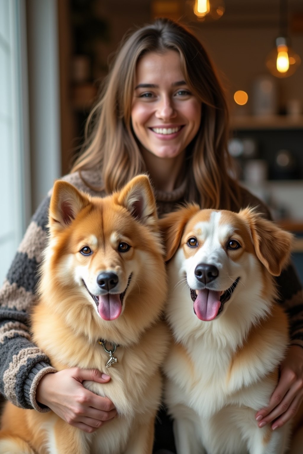 woman in a Dog Cafe with many cute Samoyed and Golden Retriever dogs