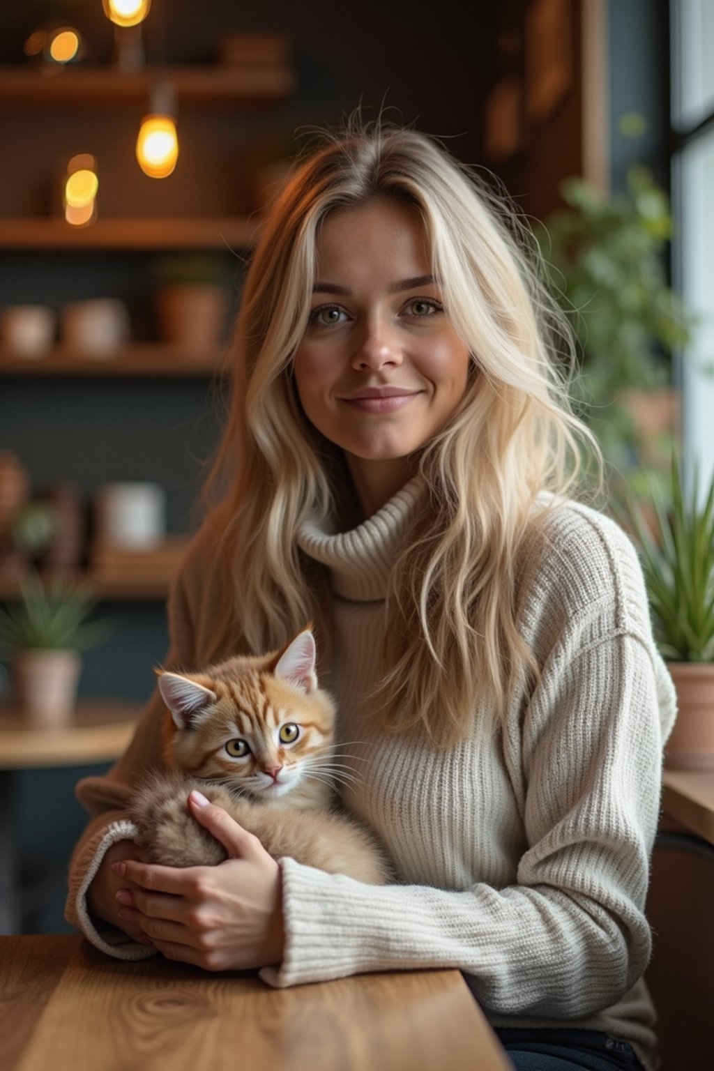 woman in a Cat Cafe with many cute Cats and Kittens around them