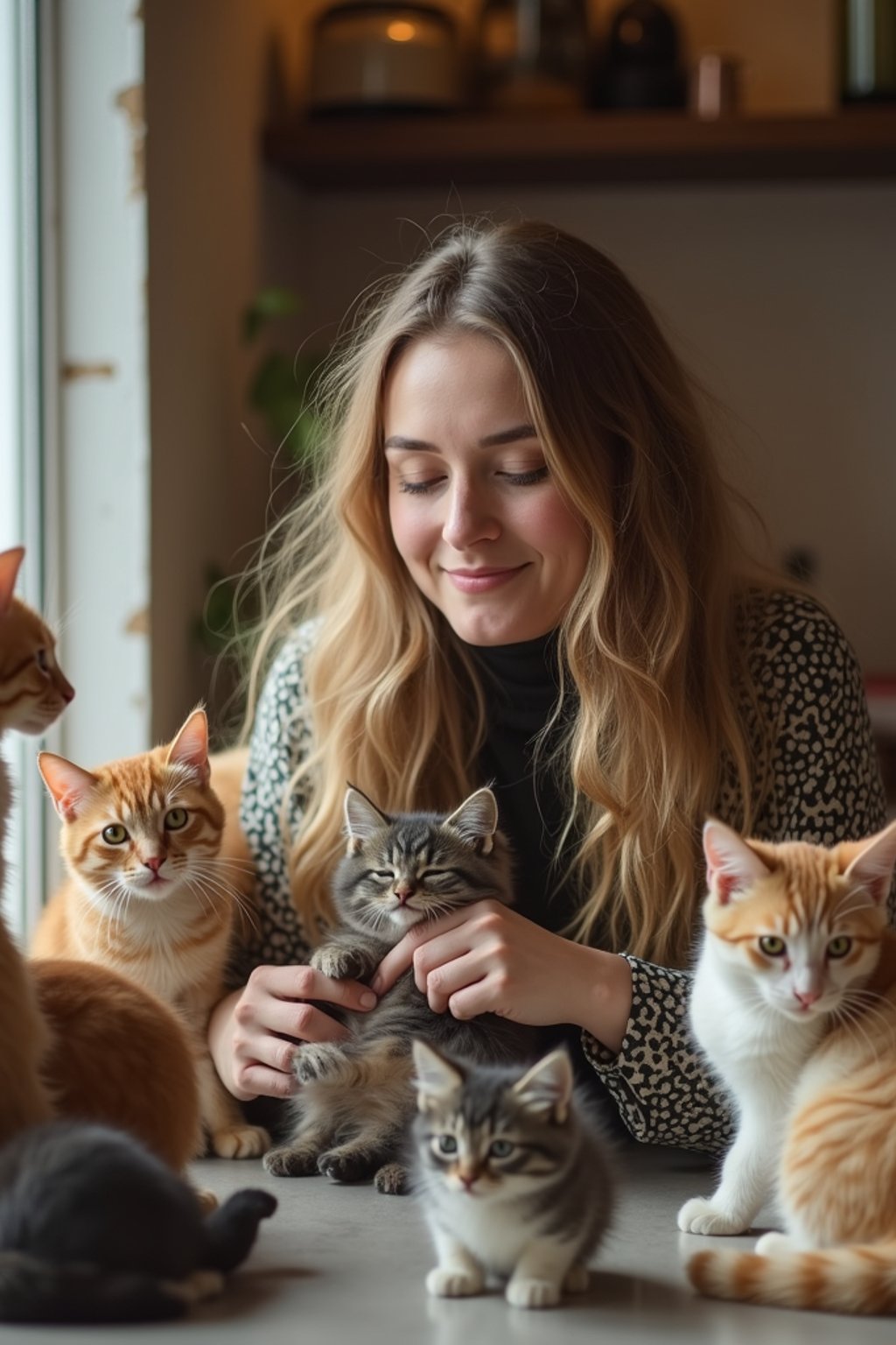 woman in a Cat Cafe with many cute Cats and Kittens around them