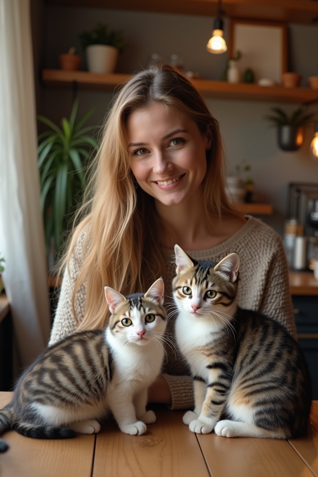 woman in a Cat Cafe with many cute Cats and Kittens around them