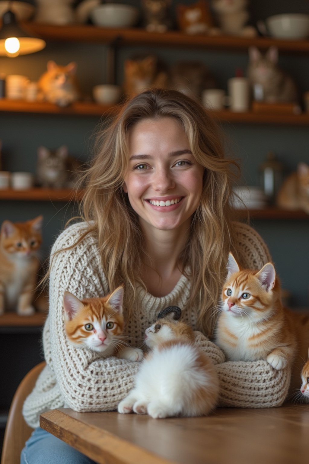 woman in a Cat Cafe with many cute Cats and Kittens around them