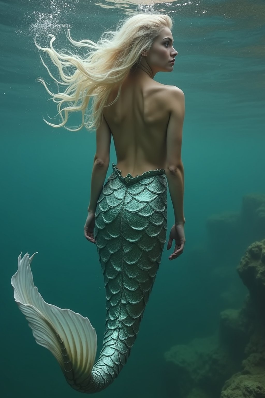 woman as a Mermaid the head and upper body of a human and the tail of a fish