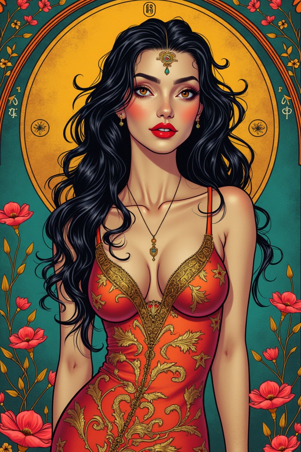 illustration of woman as Mythical Tarot Cardin the style of moebius and mohrbacher and rossdraws and ross tran and alphonse mucha and ayami kojima, pixar style, maya engine, splash comics style, tarot card style, art nouveau, rich bright colours