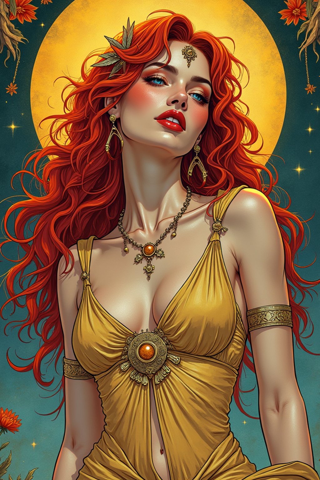 illustration of woman as Mythical Tarot Cardin the style of moebius and mohrbacher and rossdraws and ross tran and alphonse mucha and ayami kojima, pixar style, maya engine, splash comics style, tarot card style, art nouveau, rich bright colours