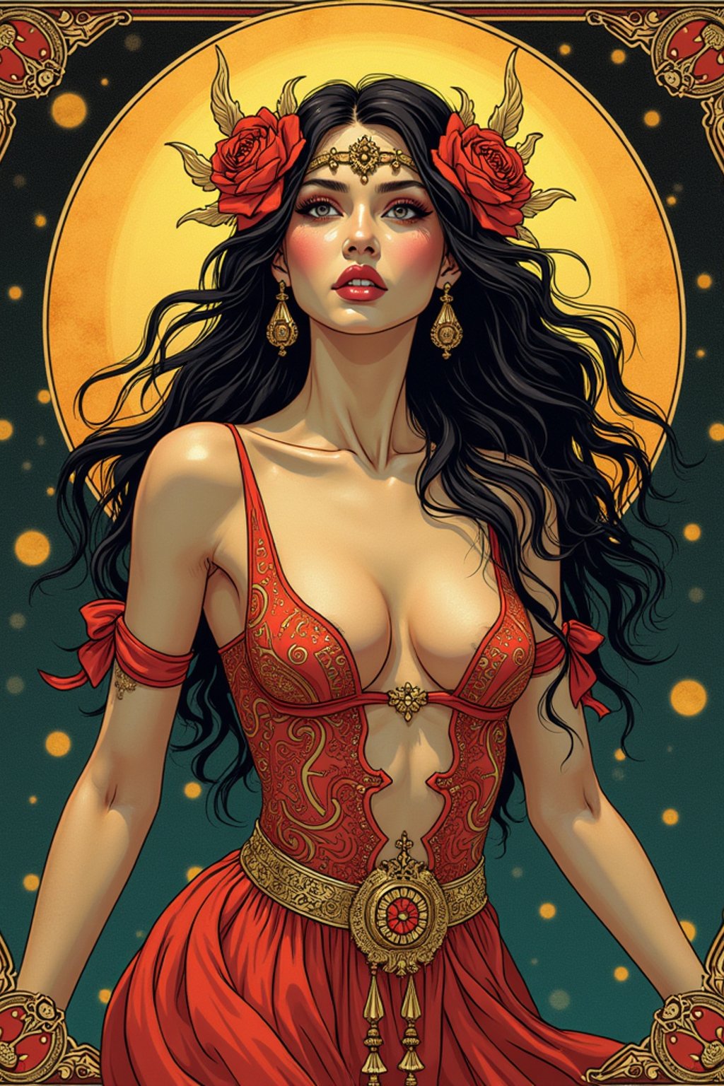 illustration of woman as Mythical Tarot Cardin the style of moebius and mohrbacher and rossdraws and ross tran and alphonse mucha and ayami kojima, pixar style, maya engine, splash comics style, tarot card style, art nouveau, rich bright colours