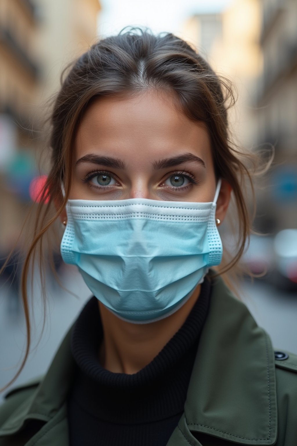 woman wearing a Covid n95 mask in 2020. outside