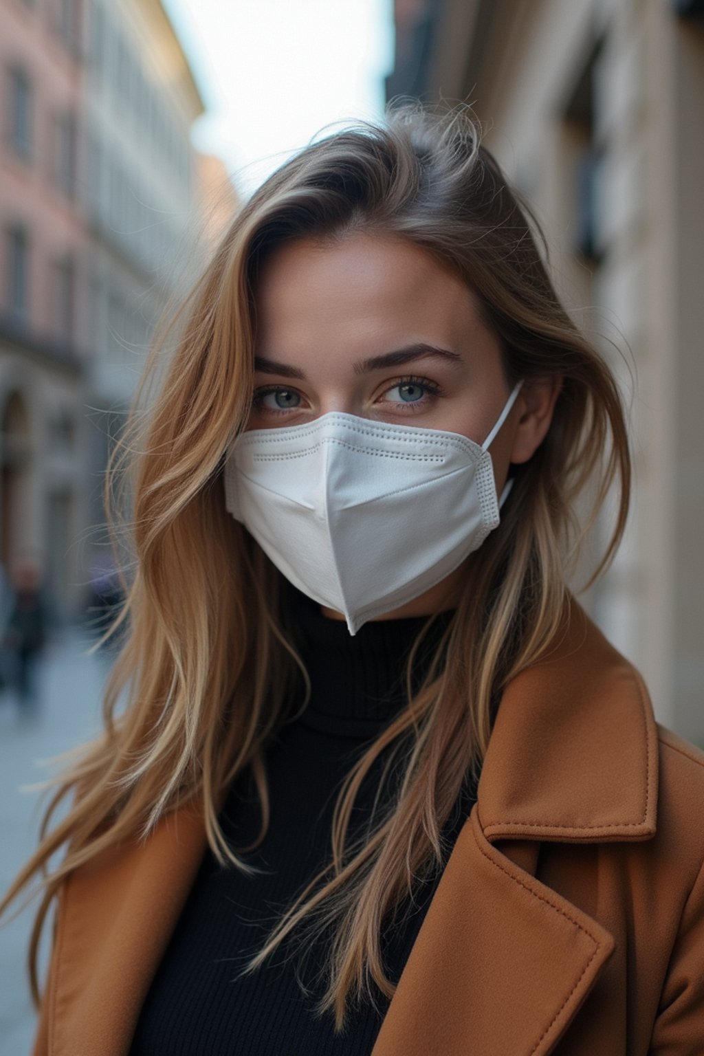 woman wearing a Covid n95 mask in 2020. outside