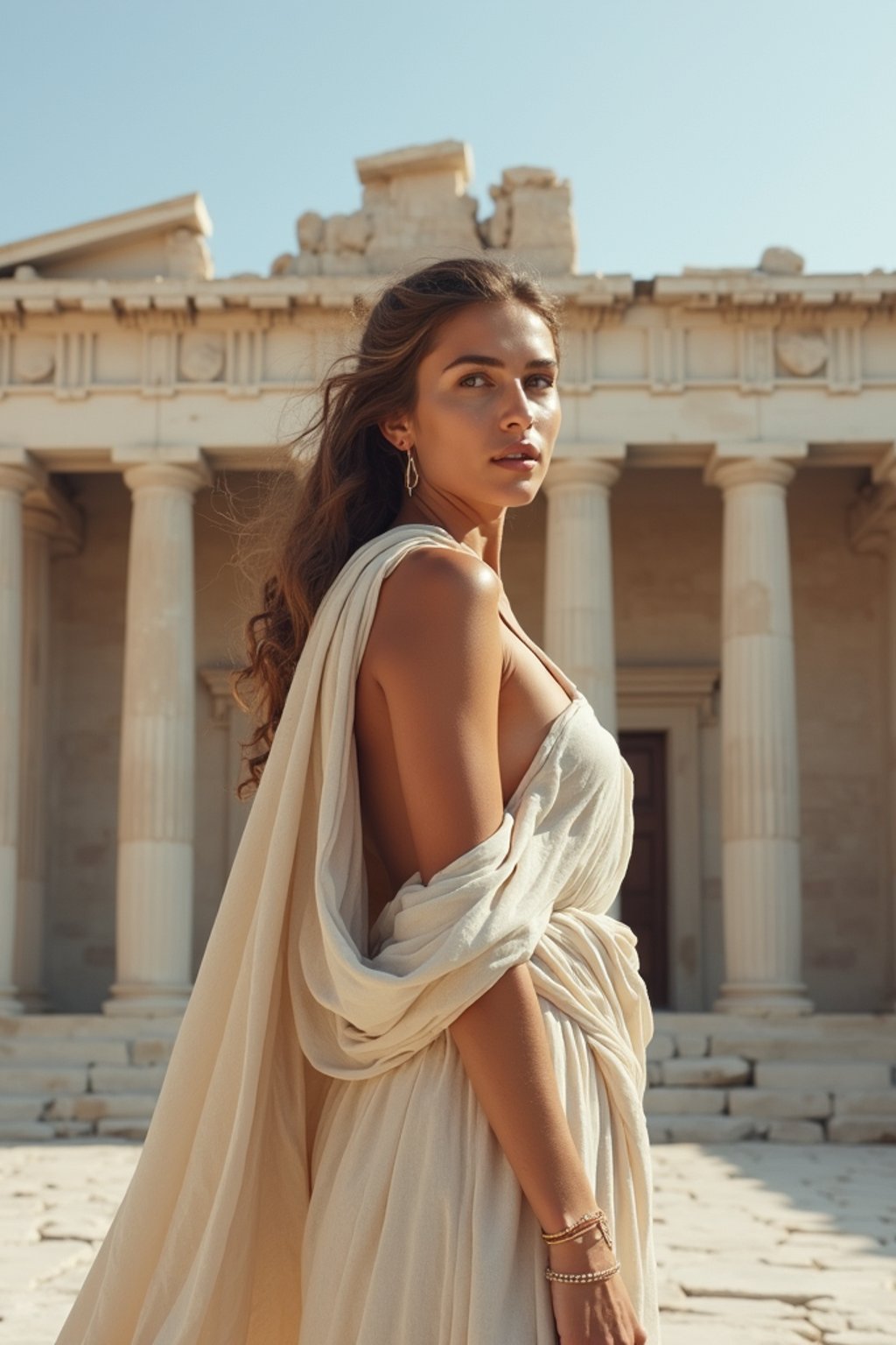 woman as Ancient Greek philosopher in 500 B.C., Ancient Roman white clean new temple in background