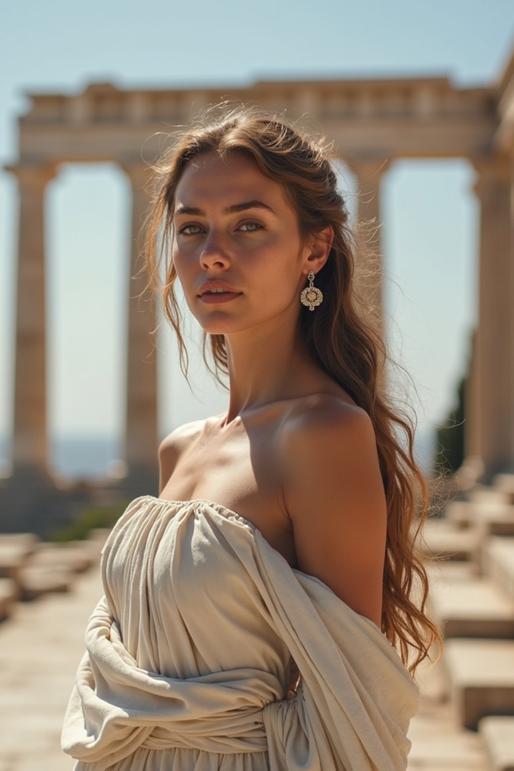 woman as Ancient Greek philosopher in 500 B.C., Ancient Roman white clean new temple in background