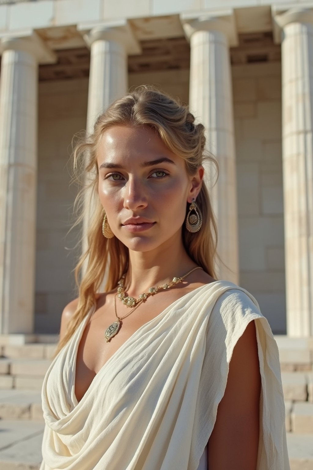 woman as Ancient Greek philosopher in 500 B.C., Ancient Roman white clean new temple in background