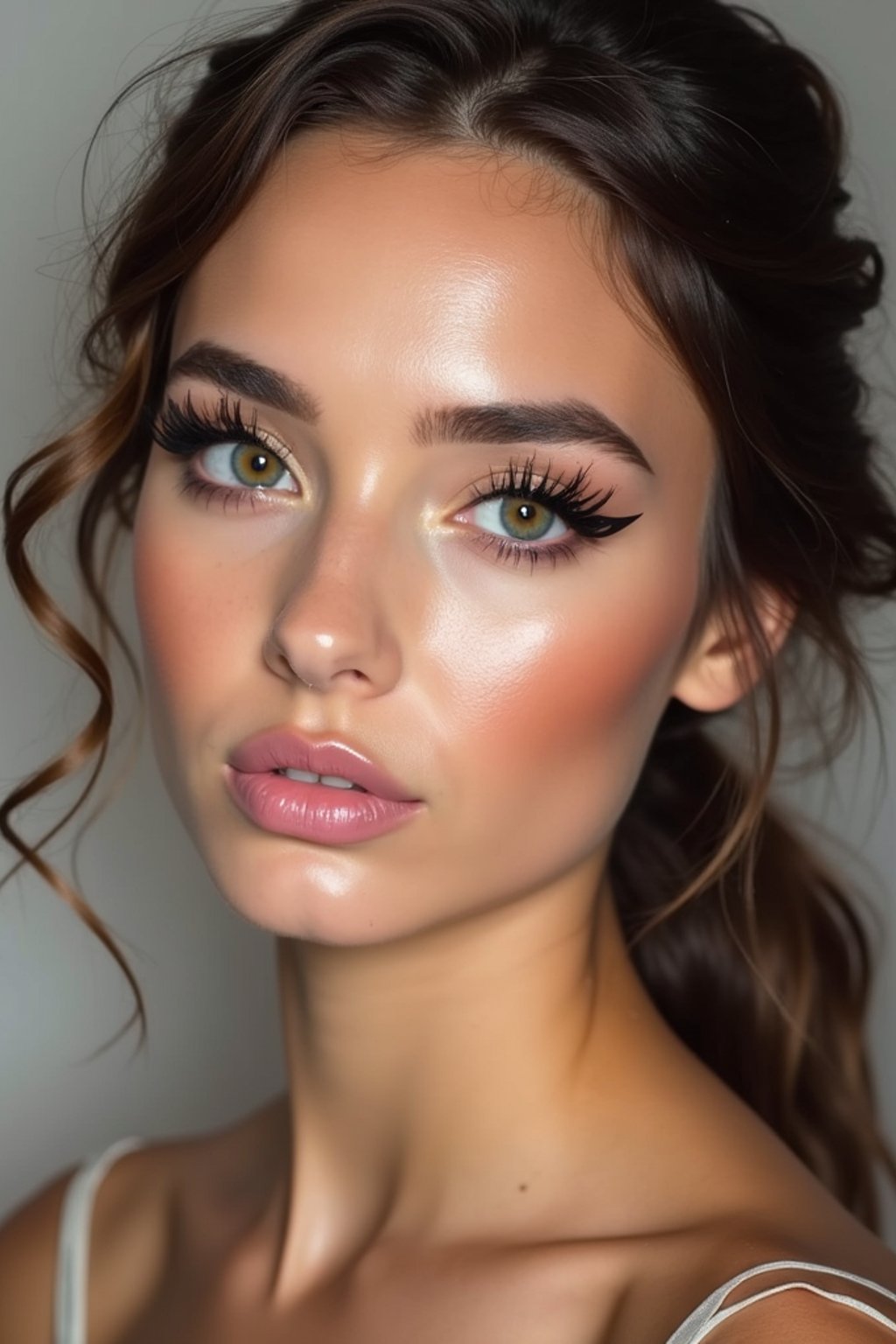 make up ideas for woman. fake eyelashes, perfect cat eyeliner, light pink lipstick