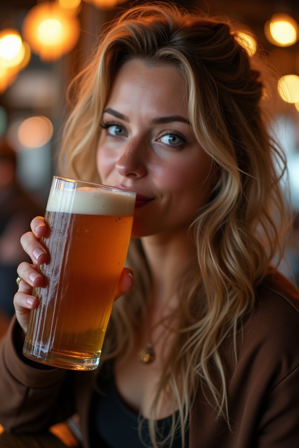 woman in a busy bar drinking beer. holding an intact pint glass mug of beer