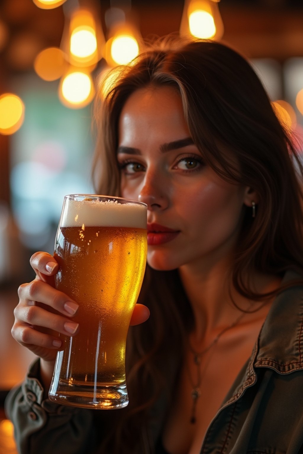 woman in a busy bar drinking beer. holding an intact pint glass mug of beer