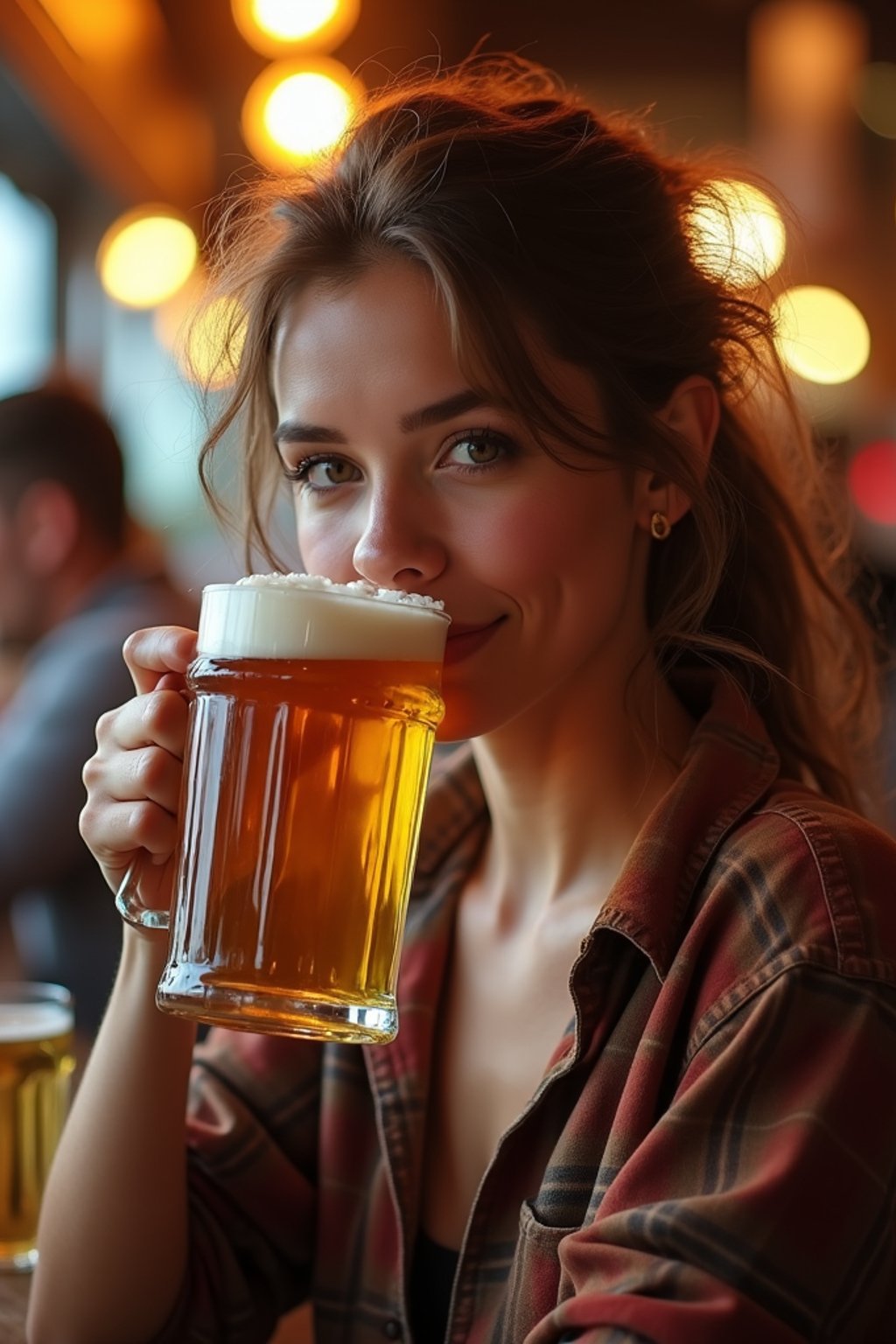 woman in a busy bar drinking beer. holding an intact pint glass mug of beer