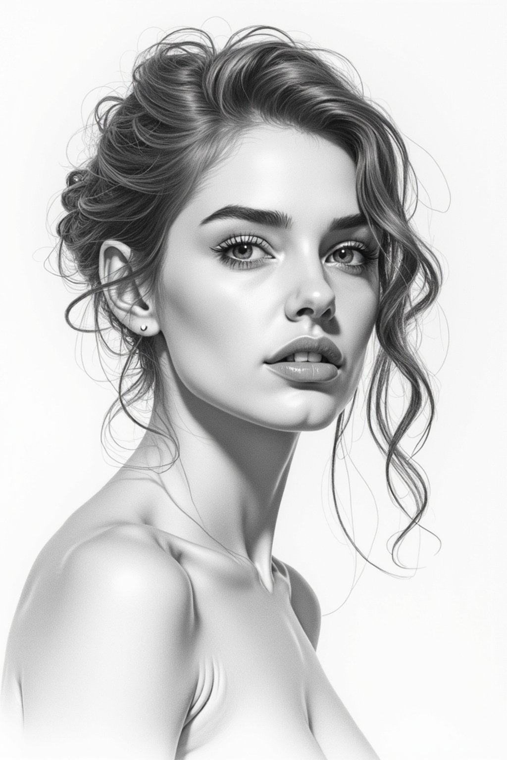 woman drawn as line art sketch with pencil. fine details. extremely detailed