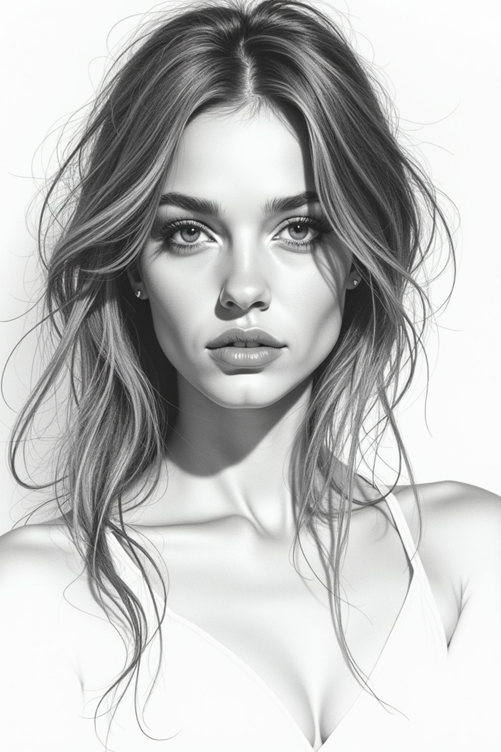 woman drawn as line art sketch with pencil. fine details. extremely detailed