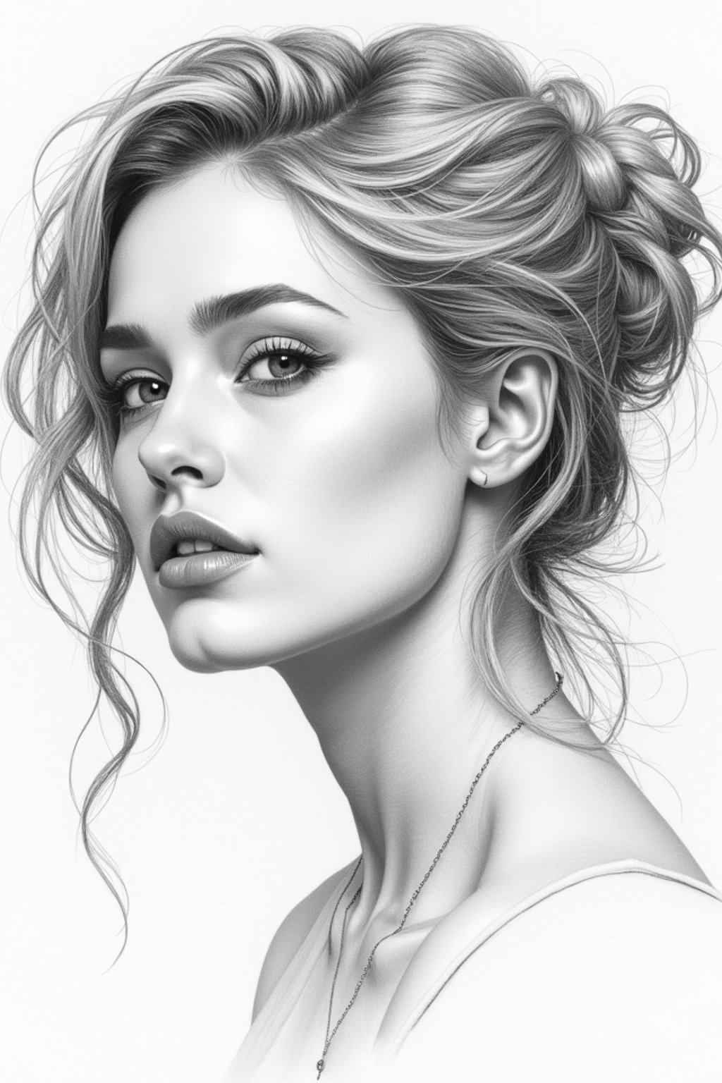 woman drawn as line art sketch with pencil. fine details. extremely detailed