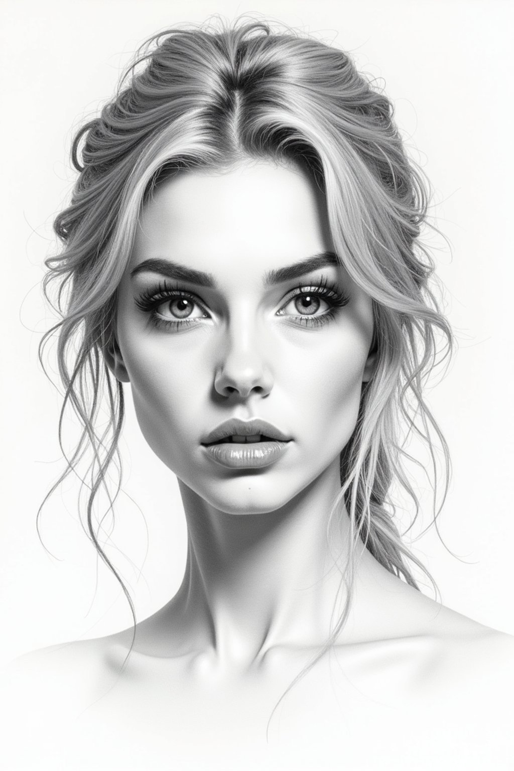 woman drawn as line art sketch with pencil. fine details. extremely detailed