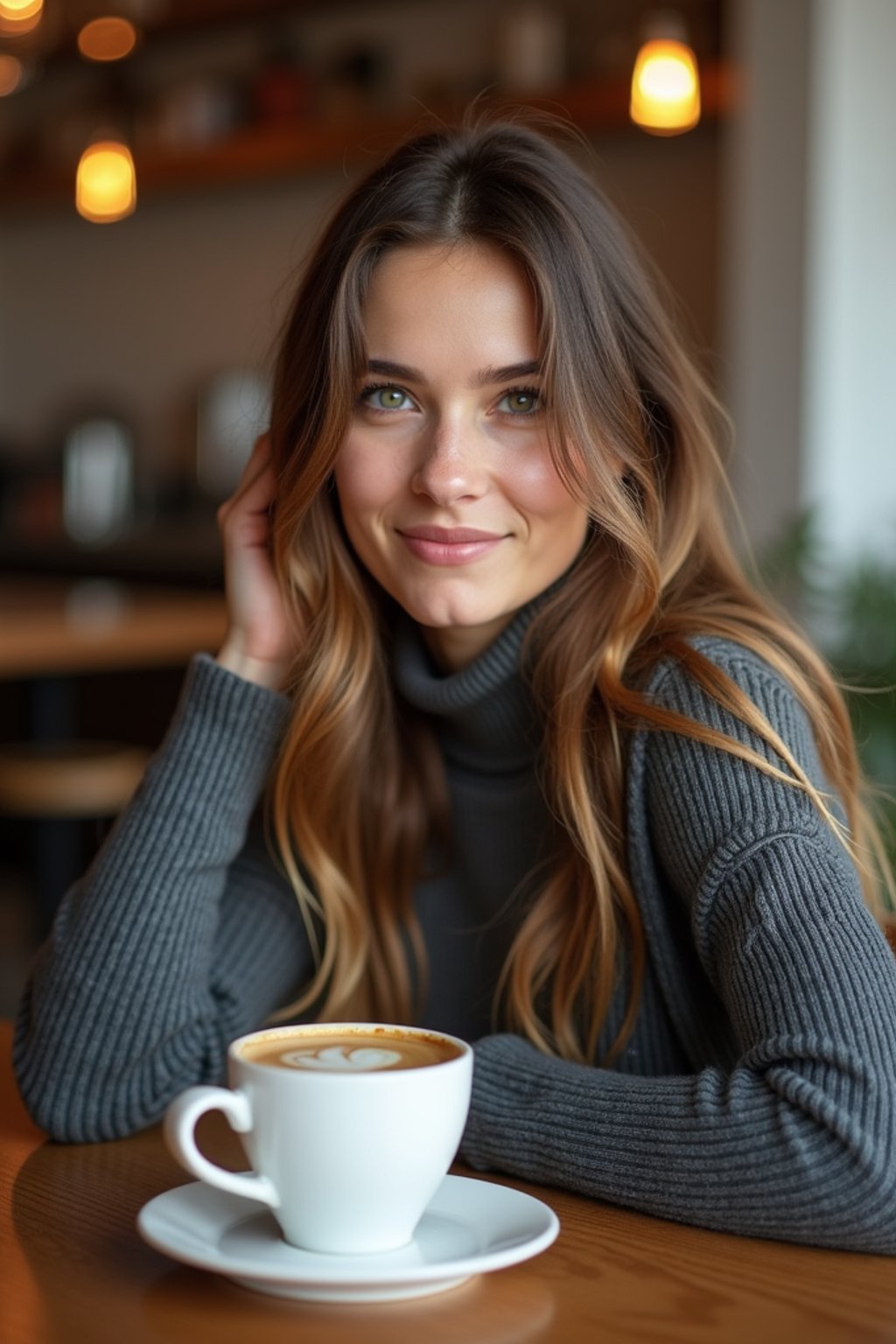 woman in hipster coffee place with coffee cup on table