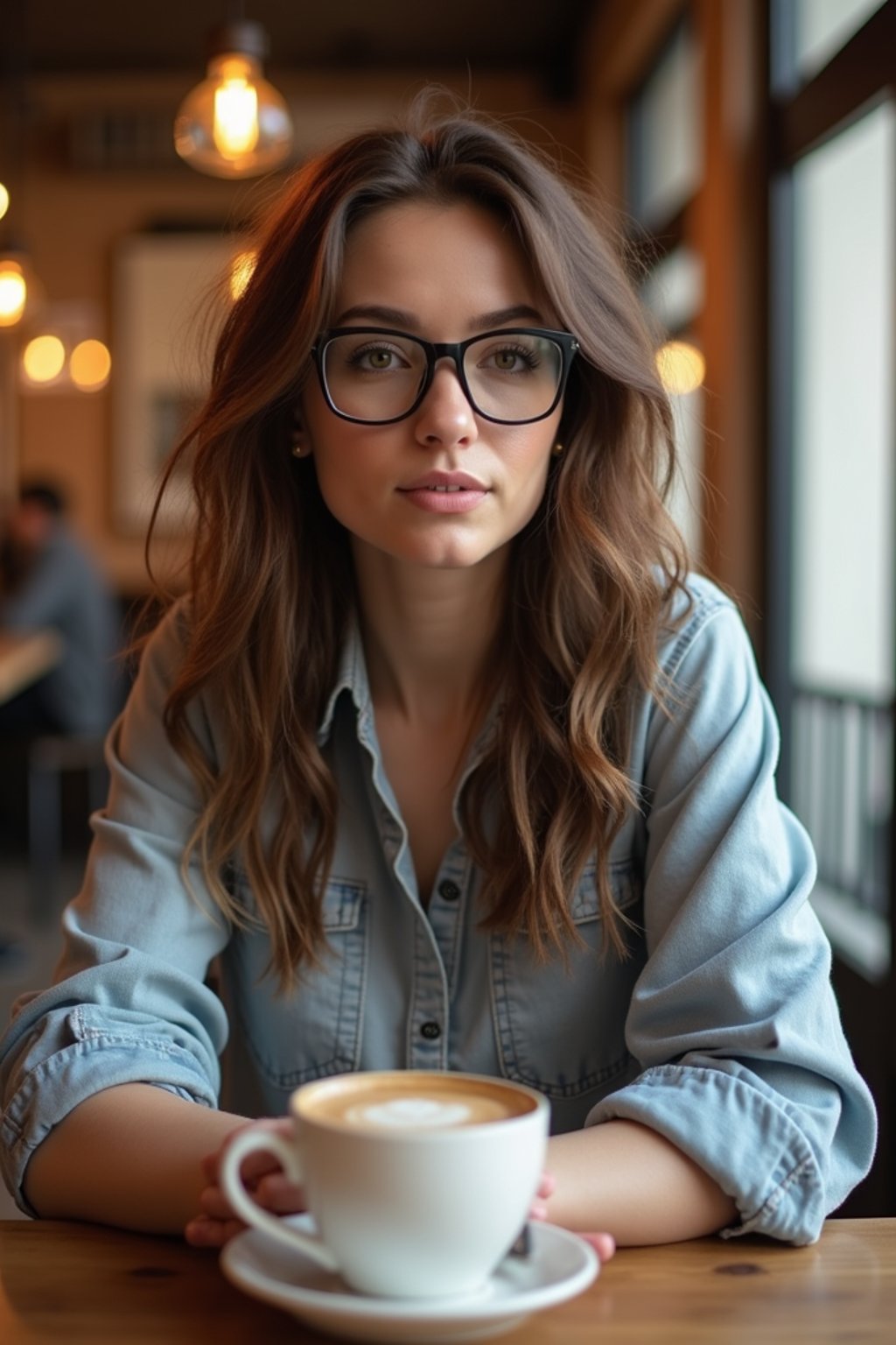 woman in hipster coffee place with coffee cup on table