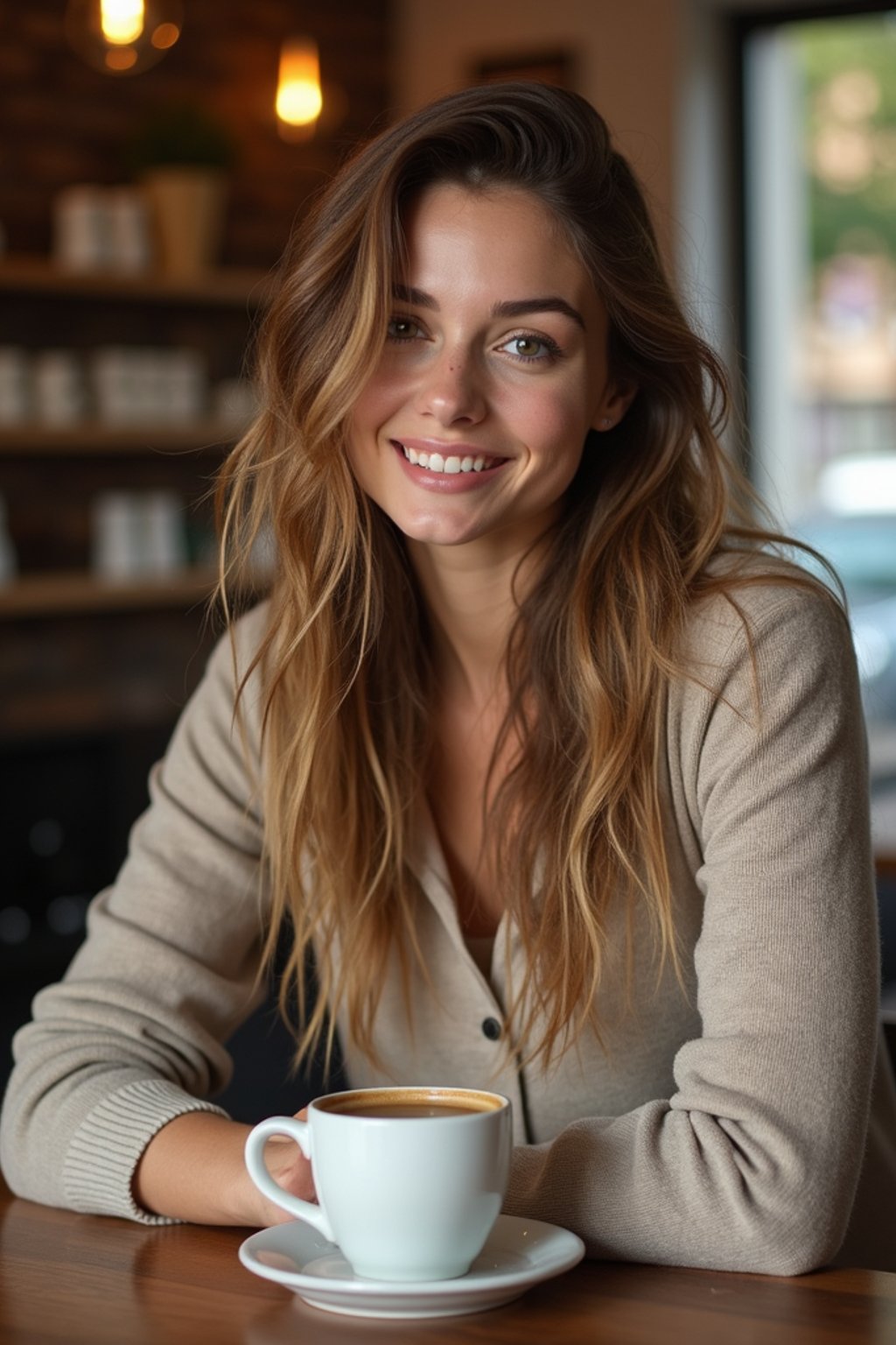 woman in hipster coffee place with coffee cup on table