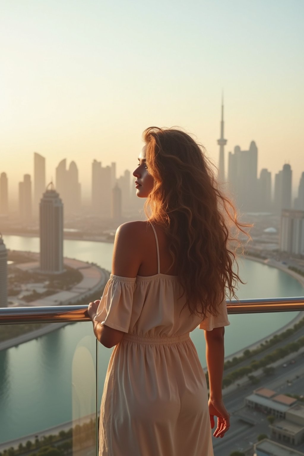 woman standing in front of city skyline viewpoint in Dubai with city skyline in background