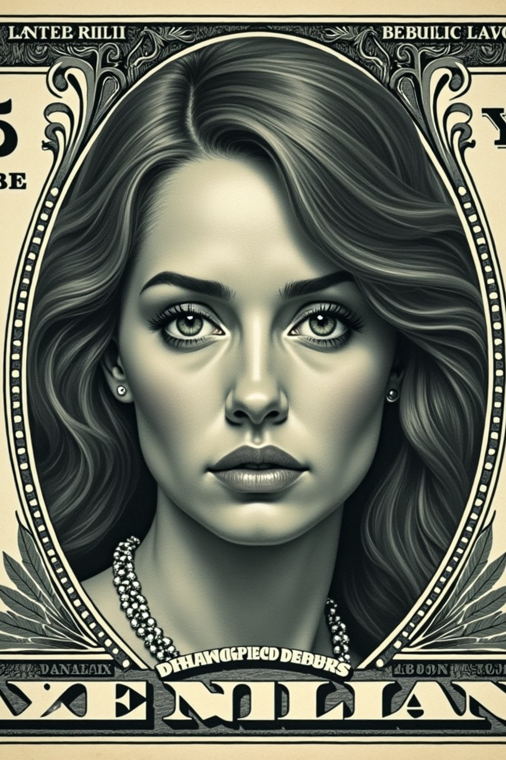 Dollar bill with woman face printed in the center