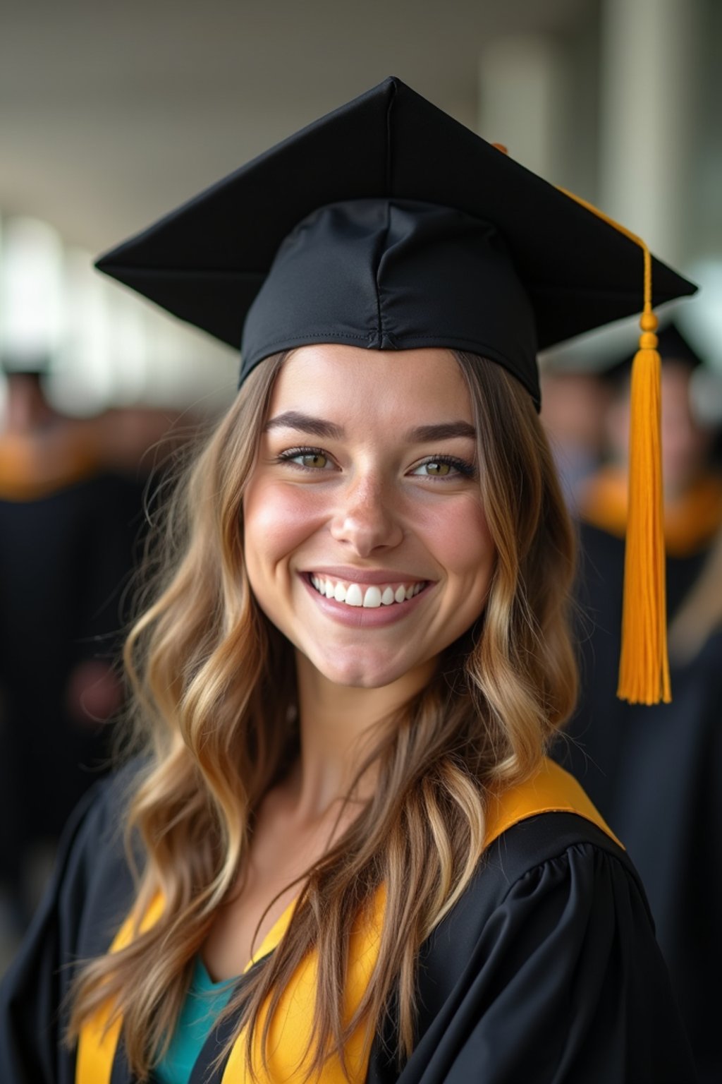 happy  woman in Graduation Ceremony wearing a square black Graduation Cap with yellow tassel at college