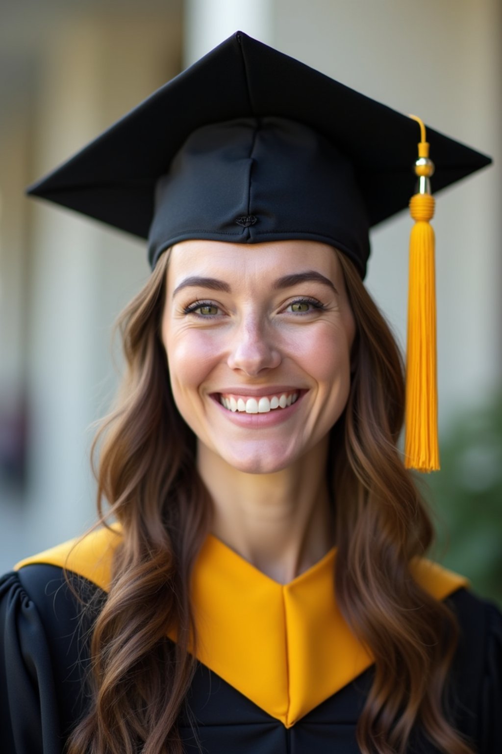 happy  woman in Graduation Ceremony wearing a square black Graduation Cap with yellow tassel at college