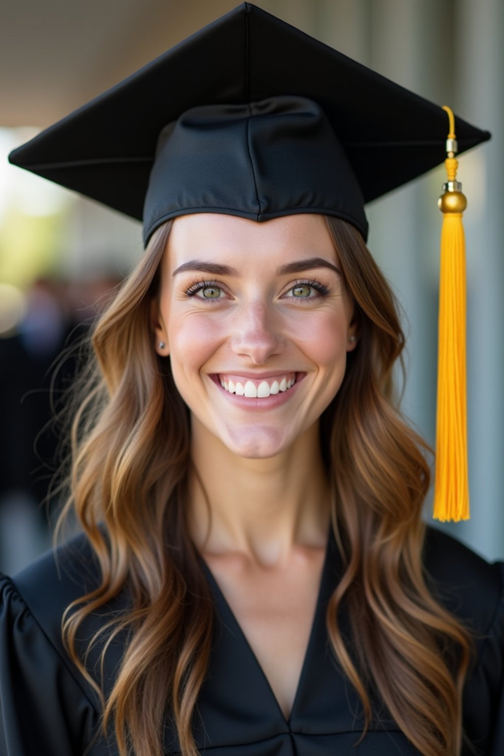 happy  woman in Graduation Ceremony wearing a square black Graduation Cap with yellow tassel at college