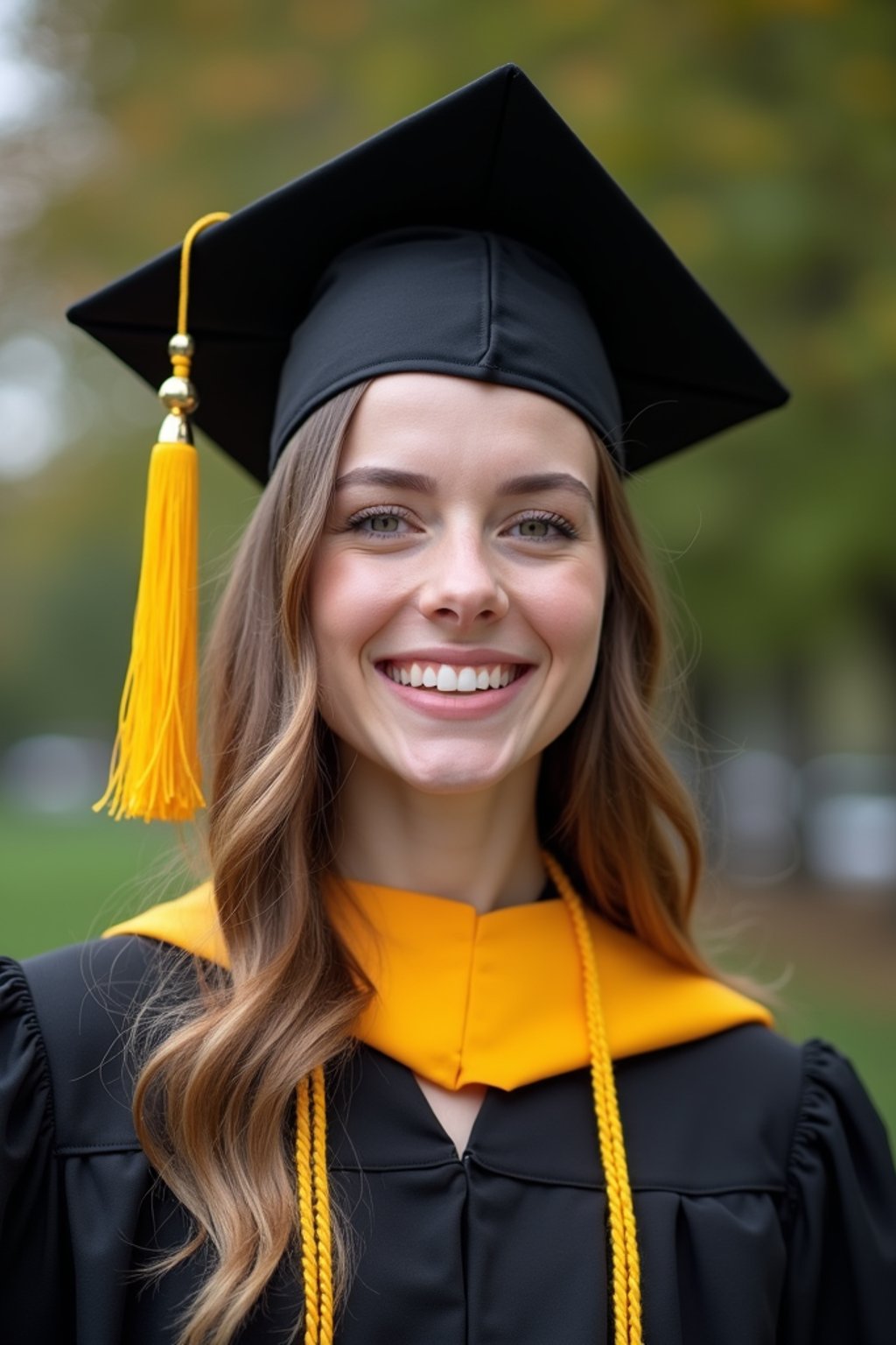 happy  woman in Graduation Ceremony wearing a square black Graduation Cap with yellow tassel at college