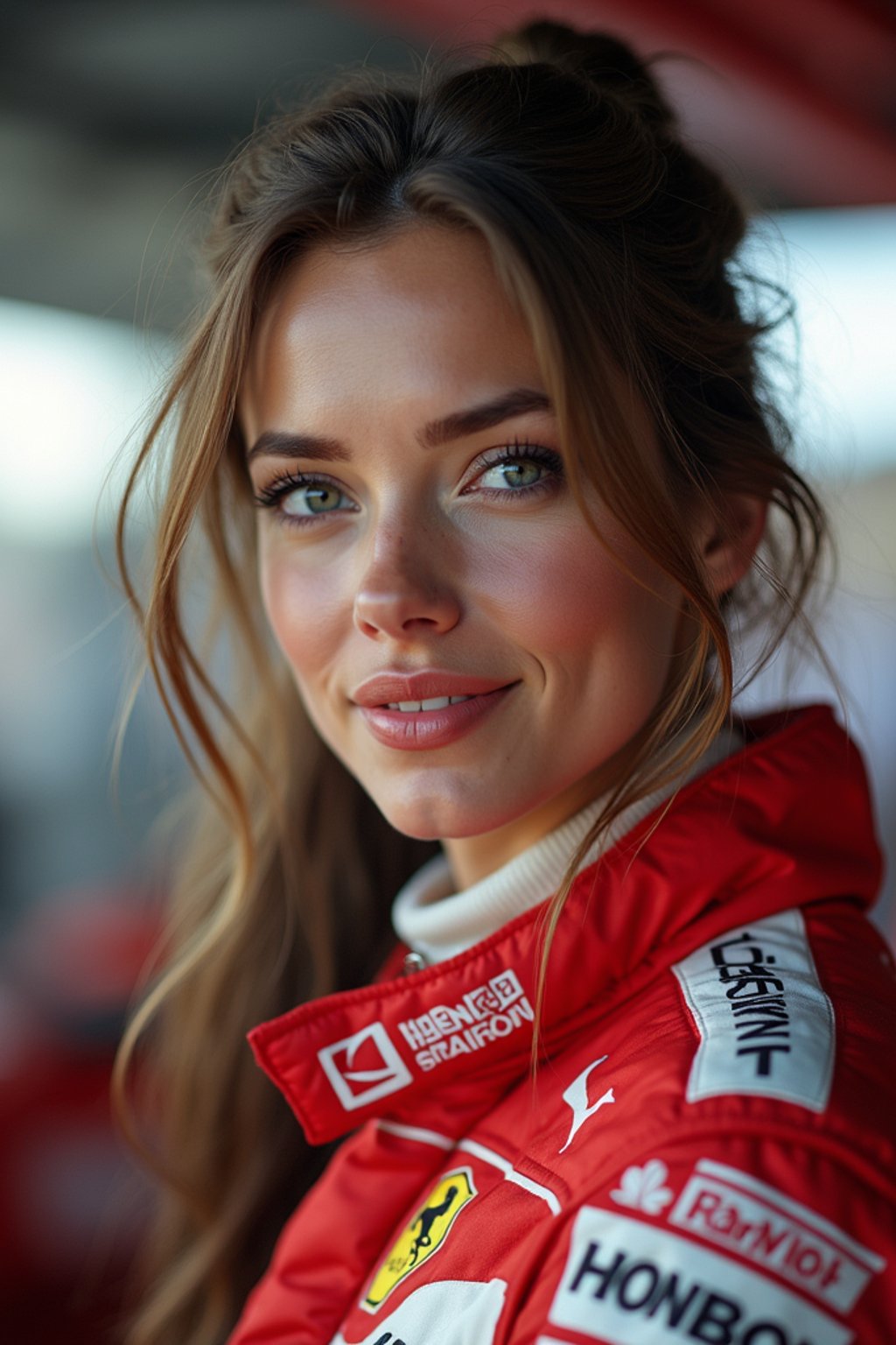 Ultra realistic photograph of woman as Formula 1 race driver