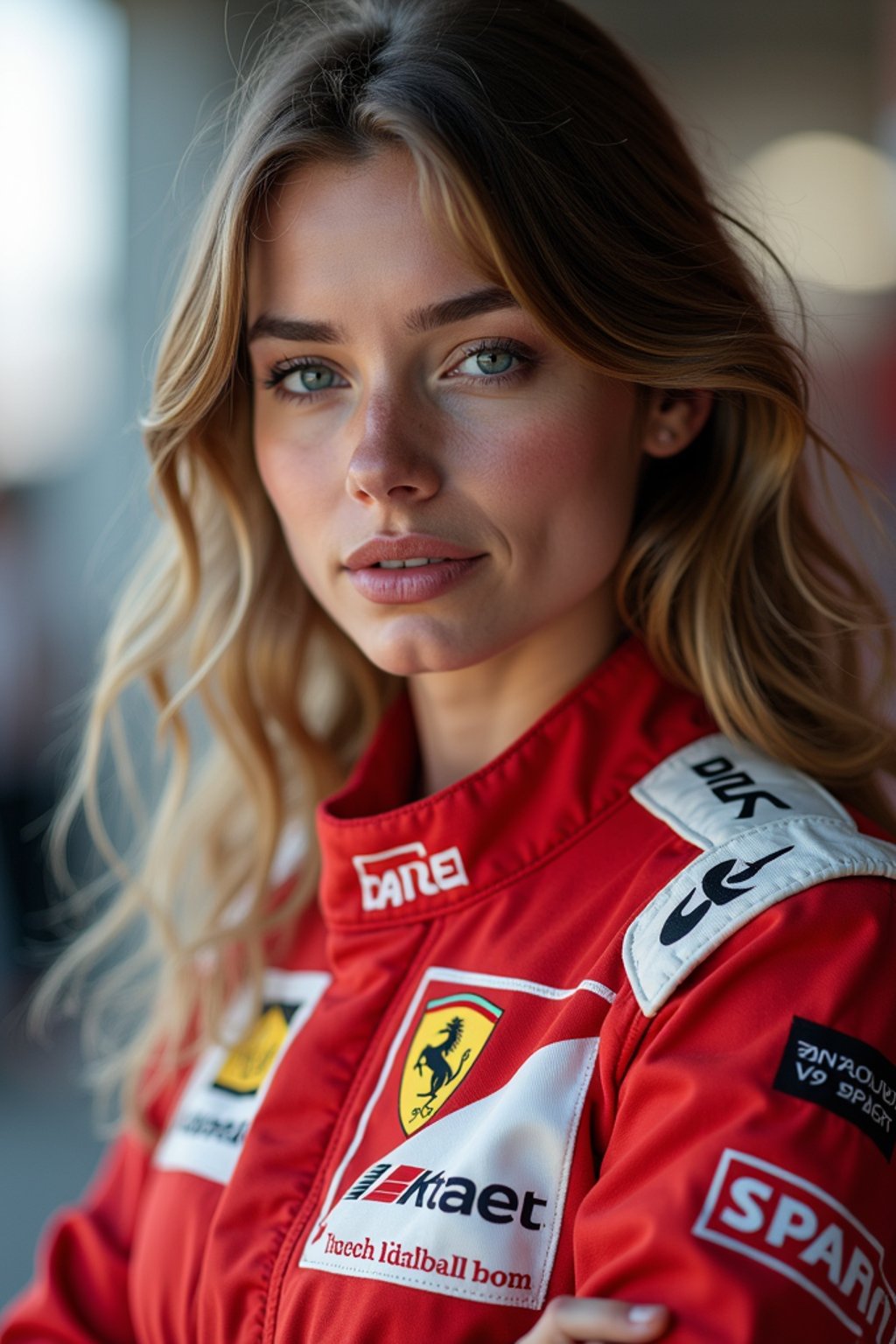 Ultra realistic photograph of woman as Formula 1 race driver