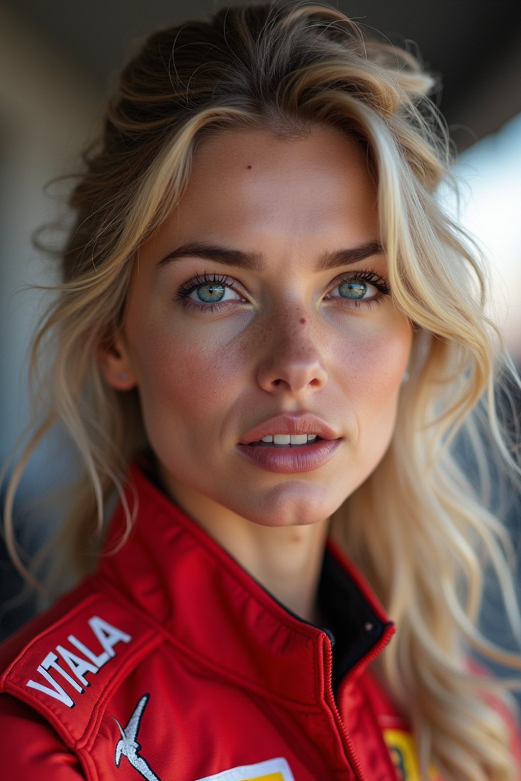 Ultra realistic photograph of woman as Formula 1 race driver