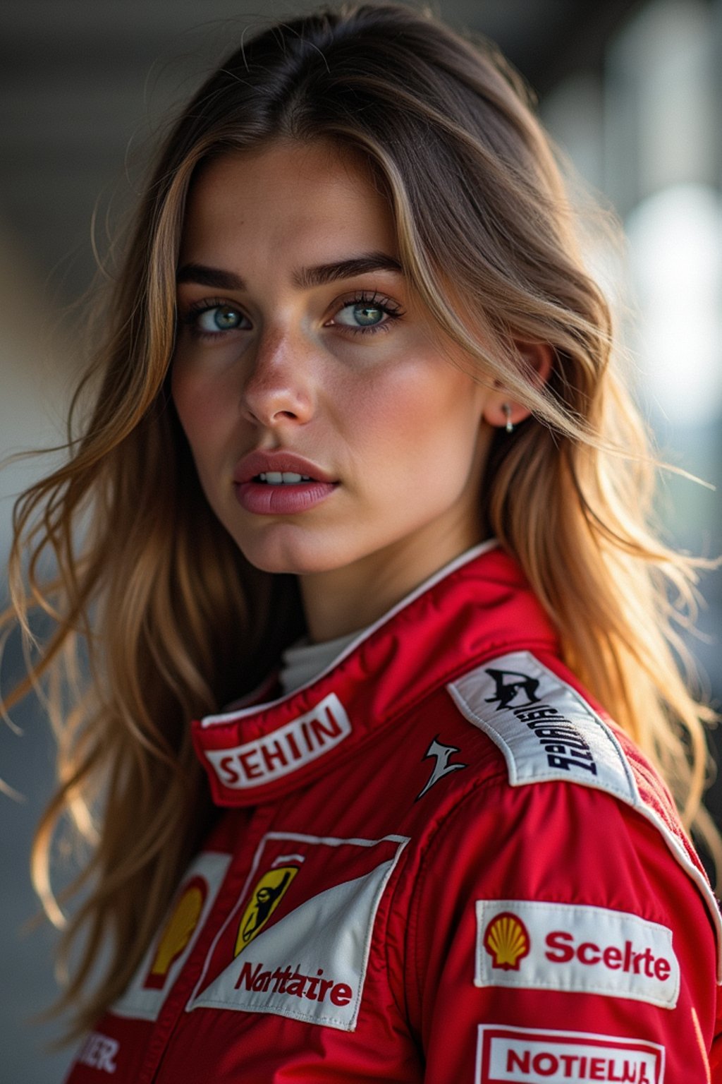 Ultra realistic photograph of woman as Formula 1 race driver