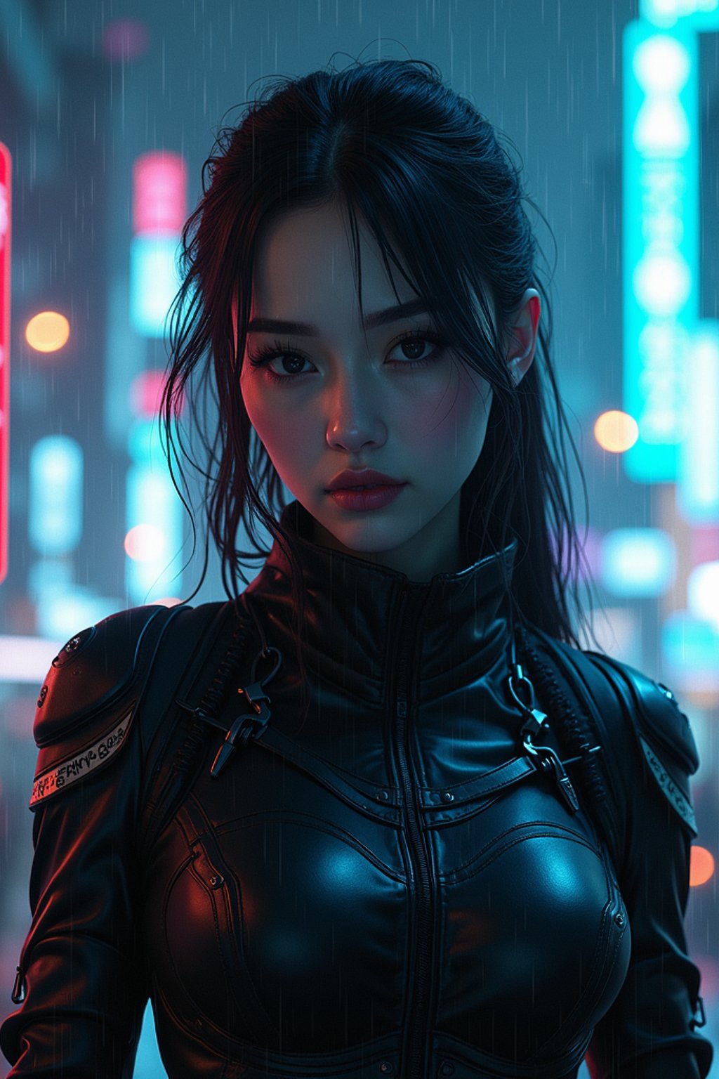 woman as futuristic beautiful cyberpunk police officer, in heavy rainning futuristic tokyo rooftop cyberpunk night, ssci-fi, fantasy, intricate, very very beautiful, elegant, neon light, highly detailed, digital painting, artstation, concept art, soft light, hdri, smooth, sharp focus, illustration, art by tian zi and craig mullins and wlop and alphonse mucha