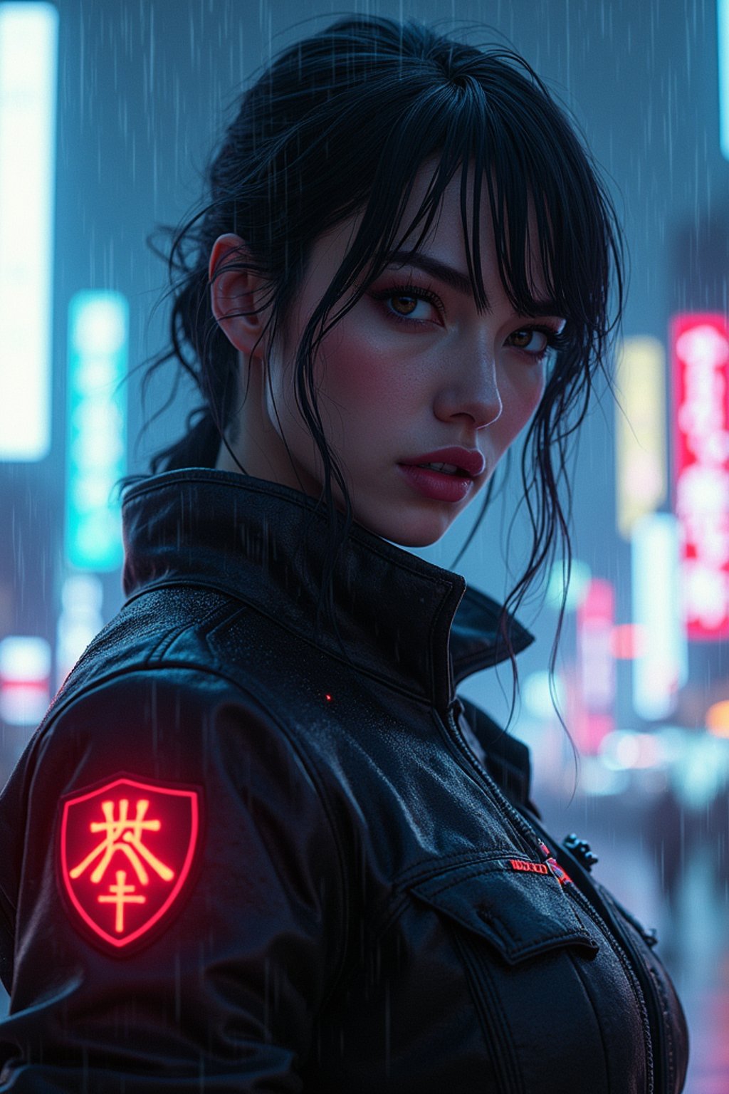 woman as futuristic beautiful cyberpunk police officer, in heavy rainning futuristic tokyo rooftop cyberpunk night, ssci-fi, fantasy, intricate, very very beautiful, elegant, neon light, highly detailed, digital painting, artstation, concept art, soft light, hdri, smooth, sharp focus, illustration, art by tian zi and craig mullins and wlop and alphonse mucha